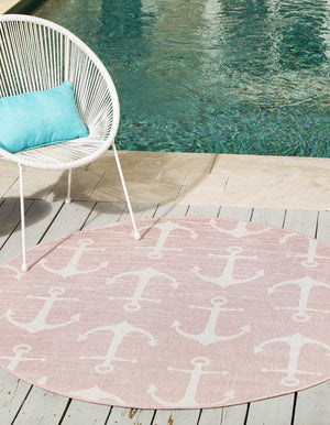 Pink 4' 1 x 4' 1 Outdoor Coastal Round Area Rug Weather Resistant for Patio, Deck, Terrace, Balcony, Porch 100% Polypropylene Coastal Decor Carpet for Sale at Rug Engine
