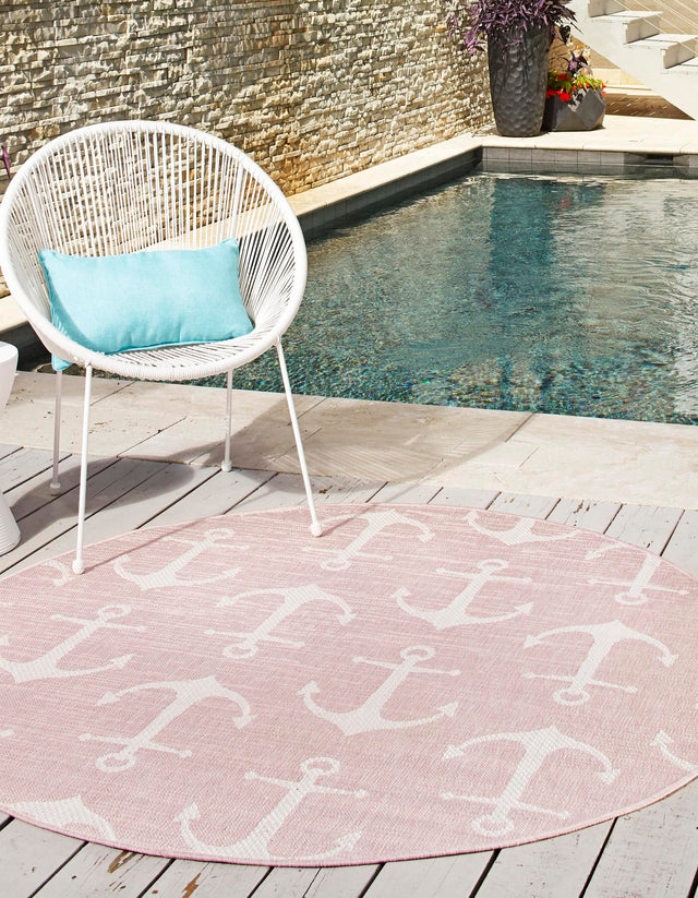 Pink 3' 1 x 3' 1 Outdoor Coastal Round Area Rug Weather Resistant for Patio, Deck, Terrace, Balcony, Porch 100% Polypropylene Coastal Decor Carpet for Sale at Rug Engine