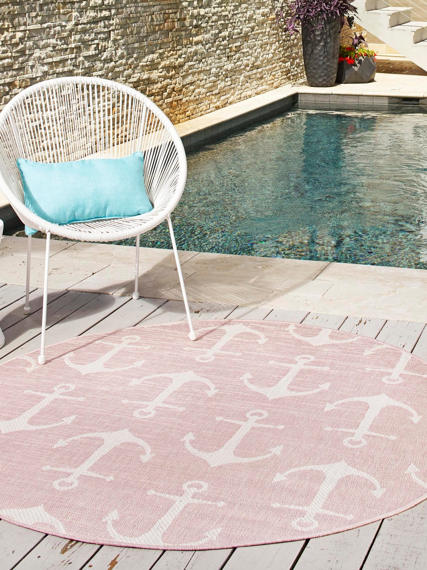 Pink 4' 1 x 4' 1 Outdoor Coastal Round Area Rug Weather Resistant for Patio, Deck, Terrace, Balcony, Porch 100% Polypropylene Coastal Decor Carpet for Sale at Rug Engine