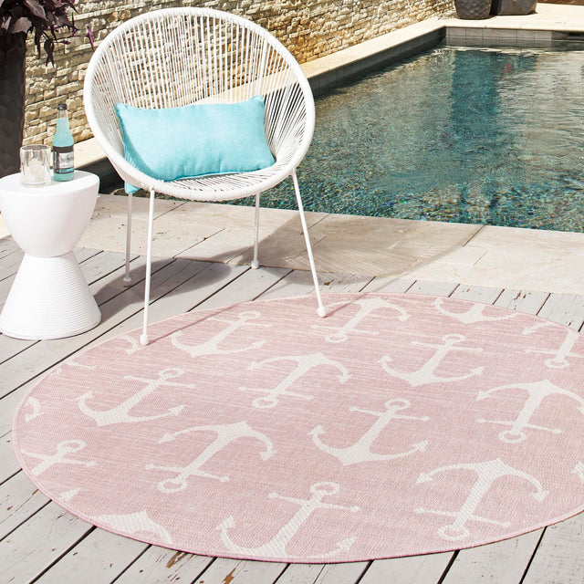 Pink 13' 1 x 13' 1 Outdoor Coastal Round Area Rug Weather Resistant for Patio, Deck, Terrace, Balcony, Porch 100% Polypropylene Coastal Decor Carpet for Sale at Rug Engine
