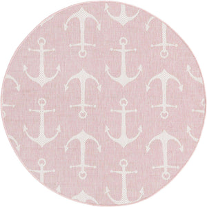 Pink 5' 3 x 5' 3 Outdoor Coastal Round Area Rug Weather Resistant for Patio, Deck, Terrace, Balcony, Porch 100% Polypropylene Coastal Decor Carpet for Sale at Rug Engine