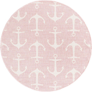 Pink 4' 1 x 4' 1 Outdoor Coastal Round Area Rug Weather Resistant for Patio, Deck, Terrace, Balcony, Porch 100% Polypropylene Coastal Decor Carpet for Sale at Rug Engine