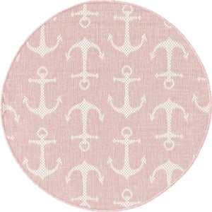 Pink 3' 1 x 3' 1 Outdoor Coastal Round Area Rug Weather Resistant for Patio, Deck, Terrace, Balcony, Porch 100% Polypropylene Coastal Decor Carpet for Sale at Rug Engine