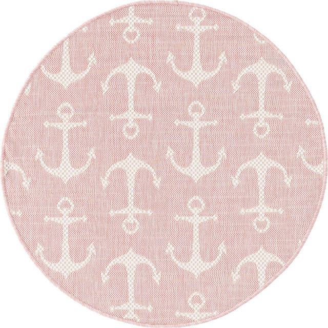 Pink 3' 1 x 3' 1 Outdoor Coastal Round Area Rug Weather Resistant for Patio, Deck, Terrace, Balcony, Porch 100% Polypropylene Coastal Decor Carpet for Sale at Rug Engine