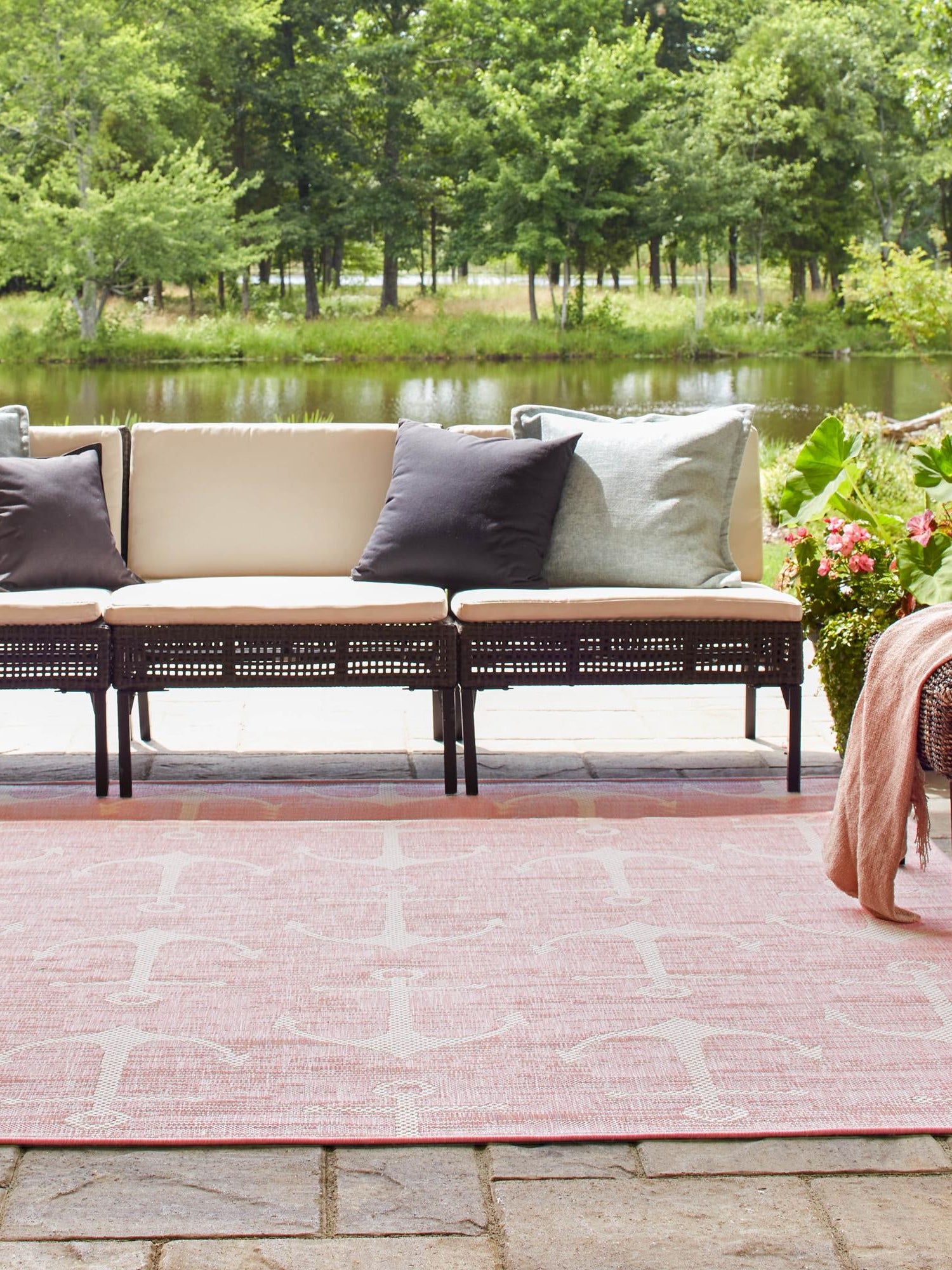 Pink 13' 1 x 13' 1 Outdoor Coastal Square Area Rug Weather Resistant for Patio, Deck, Terrace, Balcony, Porch 100% Polypropylene Coastal Decor Carpet for Sale at Rug Engine