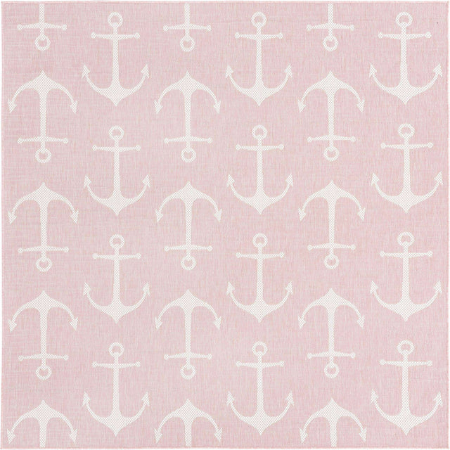 Pink 7' 10 x 7' 10 Outdoor Coastal Square Area Rug Weather Resistant for Patio, Deck, Terrace, Balcony, Porch 100% Polypropylene Coastal Decor Carpet for Sale at Rug Engine