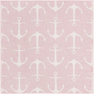 Pink 5' 3 x 5' 3 Outdoor Coastal Square Area Rug Weather Resistant for Patio, Deck, Terrace, Balcony, Porch 100% Polypropylene Coastal Decor Carpet for Sale at Rug Engine