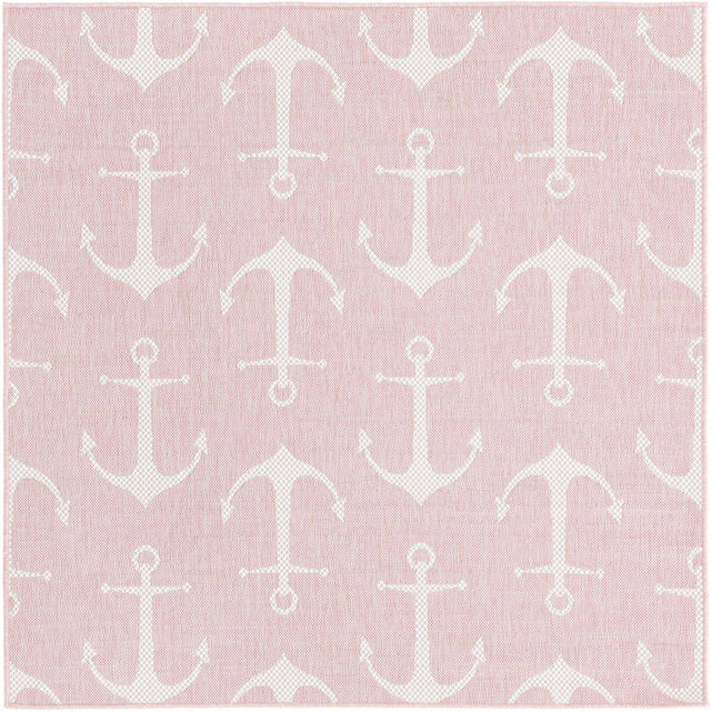 Pink 5' 3 x 5' 3 Outdoor Coastal Square Area Rug Weather Resistant for Patio, Deck, Terrace, Balcony, Porch 100% Polypropylene Coastal Decor Carpet for Sale at Rug Engine