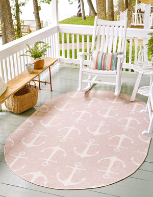 Pink 5' 3 x 8' Outdoor Coastal Oval Area Rug Weather Resistant for Patio, Deck, Terrace, Balcony, Porch 100% Polypropylene Coastal Decor Carpet for Sale at Rug Engine