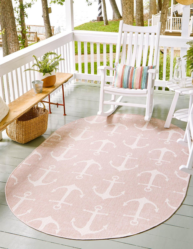Pink 3' 1 x 5' 3 Outdoor Coastal Oval Area Rug Weather Resistant for Patio, Deck, Terrace, Balcony, Porch 100% Polypropylene Coastal Decor Carpet for Sale at Rug Engine