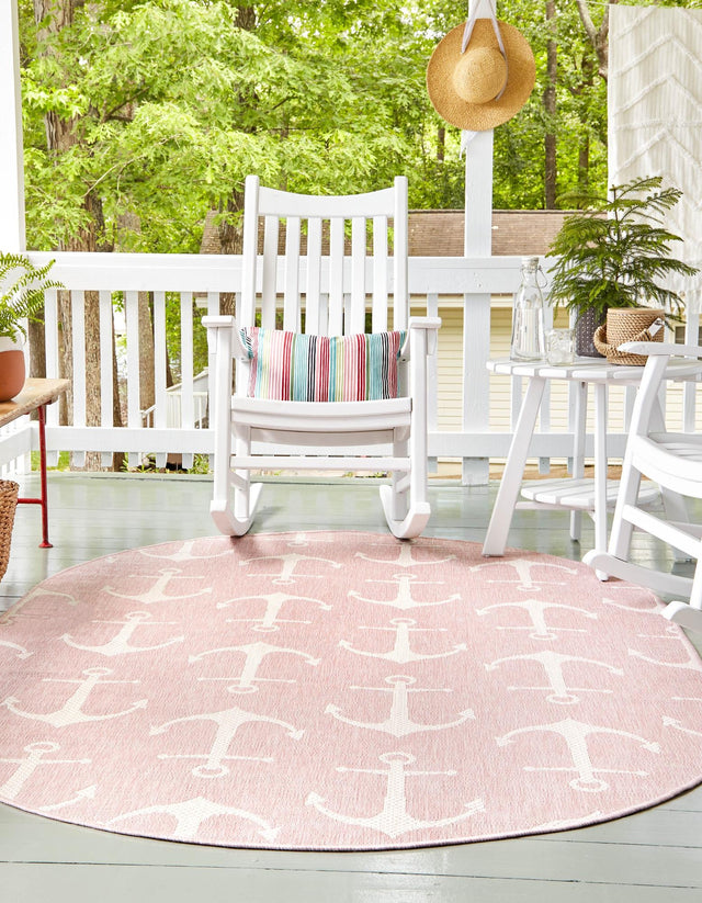 Pink 7' 10 x 10' Outdoor Coastal Oval Area Rug Weather Resistant for Patio, Deck, Terrace, Balcony, Porch 100% Polypropylene Coastal Decor Carpet for Sale at Rug Engine