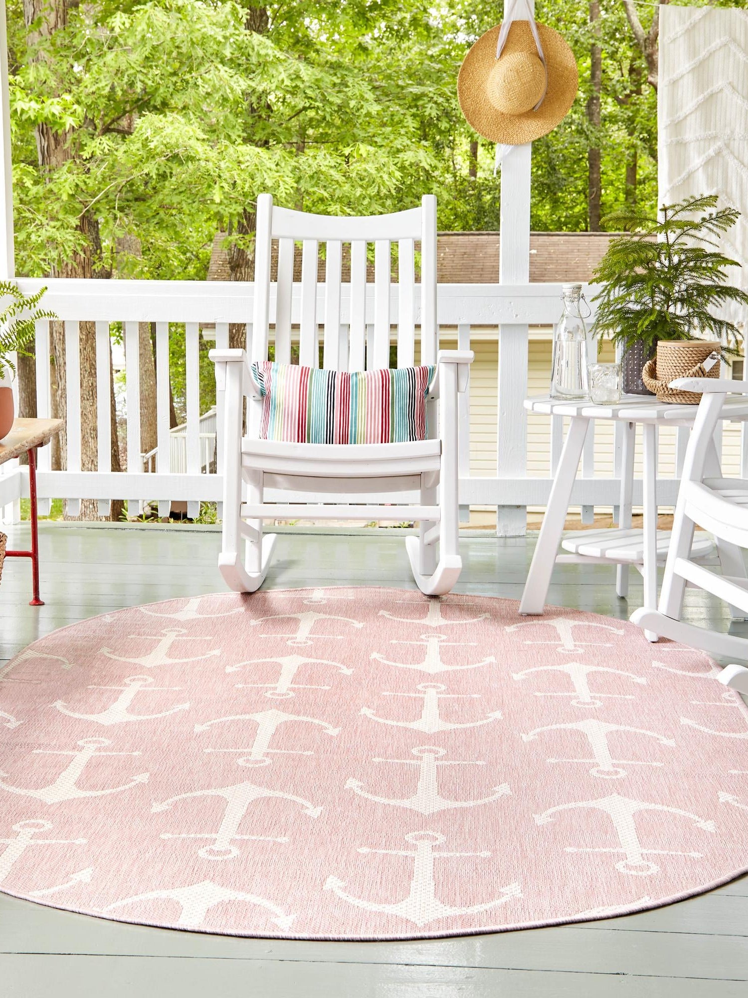 Pink 5' 3 x 8' Outdoor Coastal Oval Area Rug Weather Resistant for Patio, Deck, Terrace, Balcony, Porch 100% Polypropylene Coastal Decor Carpet for Sale at Rug Engine