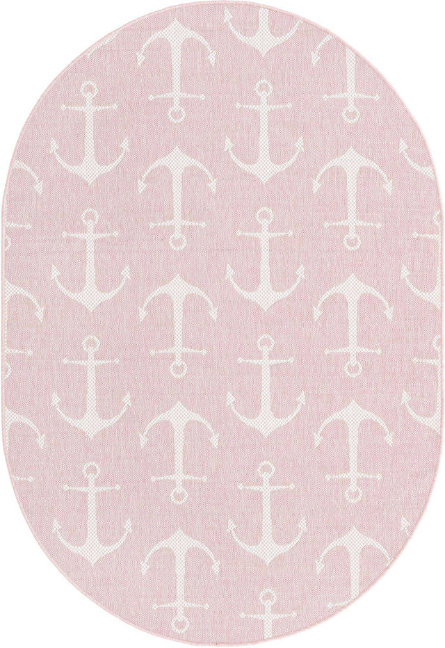 Pink 5' 3 x 8' Outdoor Coastal Oval Area Rug Weather Resistant for Patio, Deck, Terrace, Balcony, Porch 100% Polypropylene Coastal Decor Carpet for Sale at Rug Engine