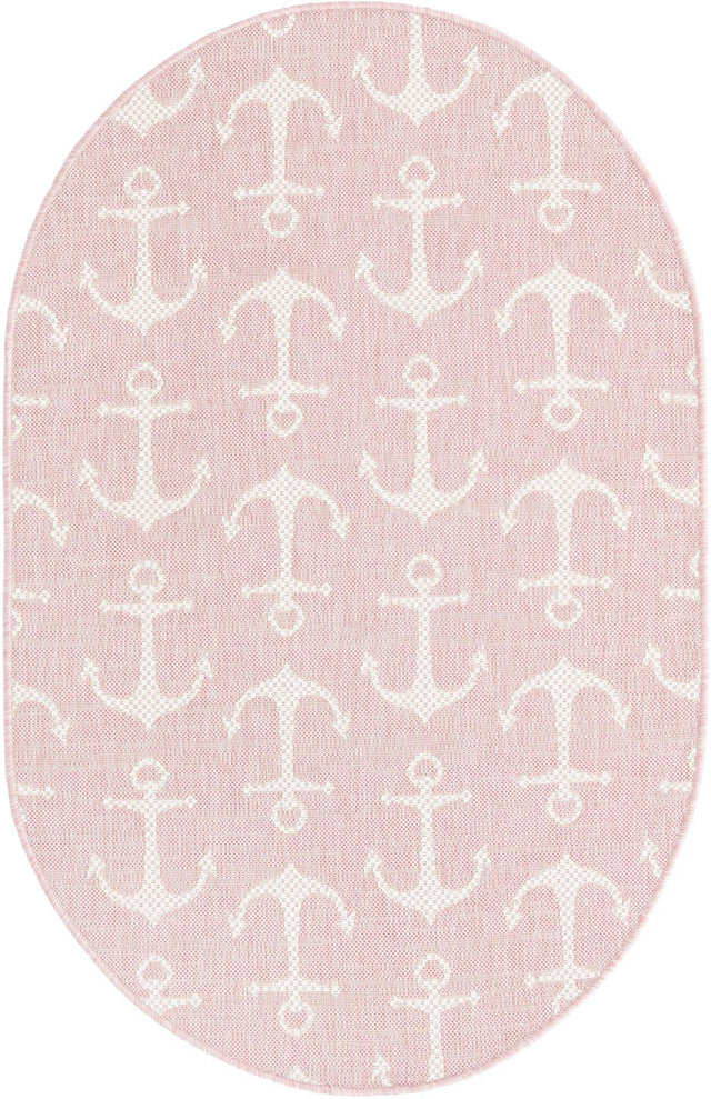 Pink 3' 1 x 5' 3 Outdoor Coastal Oval Area Rug Weather Resistant for Patio, Deck, Terrace, Balcony, Porch 100% Polypropylene Coastal Decor Carpet for Sale at Rug Engine