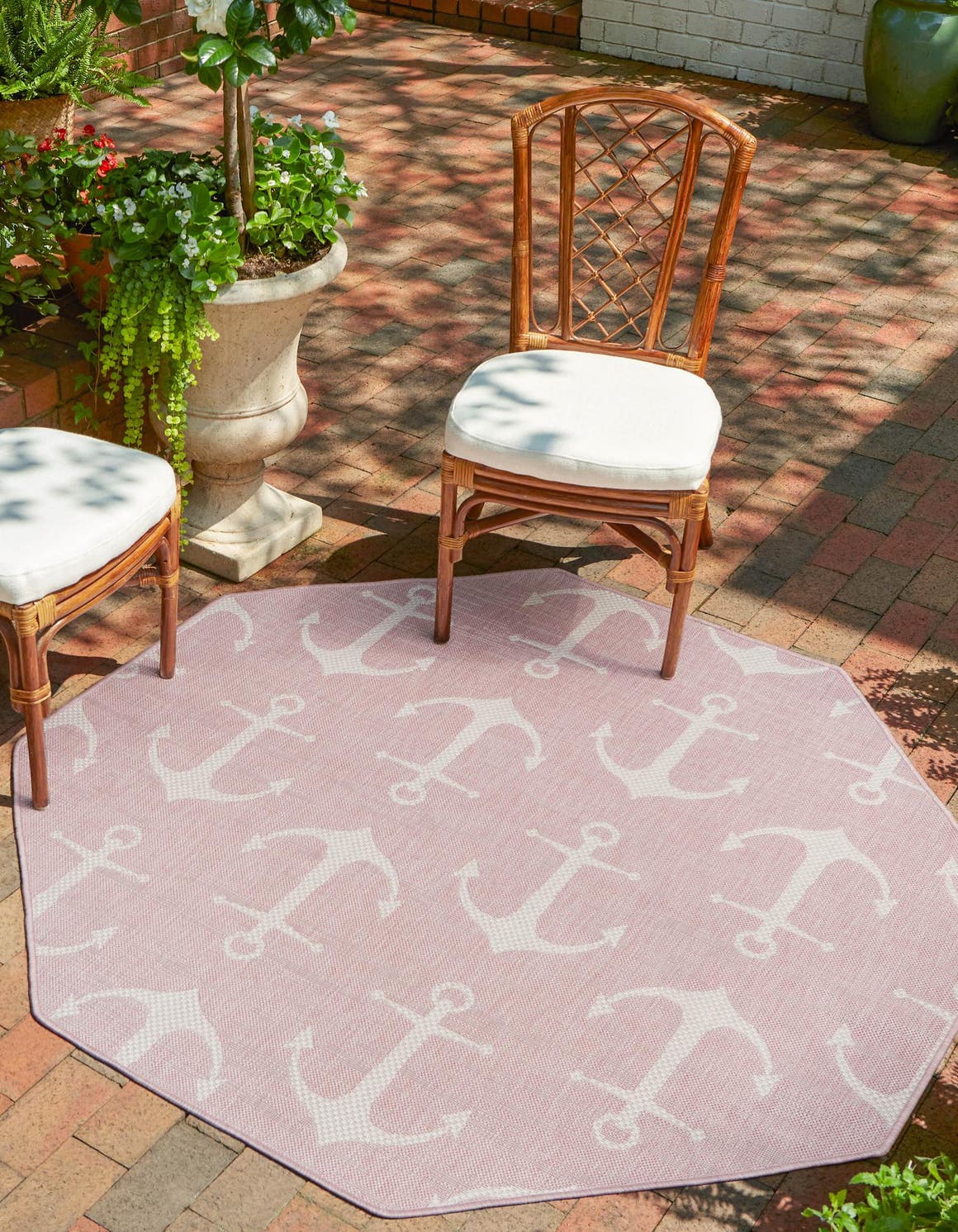 Pink 5' 3 x 5' 3 Outdoor Coastal Octagon Area Rug Weather Resistant for Patio, Deck, Terrace, Balcony, Porch 100% Polypropylene Coastal Decor Carpet for Sale at Rug Engine