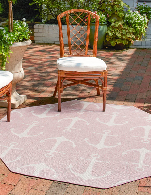 Pink 7' 10 x 7' 10 Outdoor Coastal Octagon Area Rug Weather Resistant for Patio, Deck, Terrace, Balcony, Porch 100% Polypropylene Coastal Decor Carpet for Sale at Rug Engine