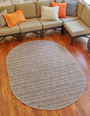 Natural 7' 10 x 10' Outdoor Striped Oval Area Rug Weather Resistant for Patio, Deck, Terrace, Balcony, Porch Geometric Pattern Waterproof Carpet for Sale at Rug Engine