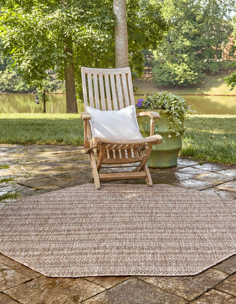 Natural 5' 3 x 5' 3 Outdoor Striped Octagon Area Rug Weather Resistant for Patio, Deck, Terrace, Balcony, Porch Geometric Pattern Waterproof Carpet for Sale at Rug Engine