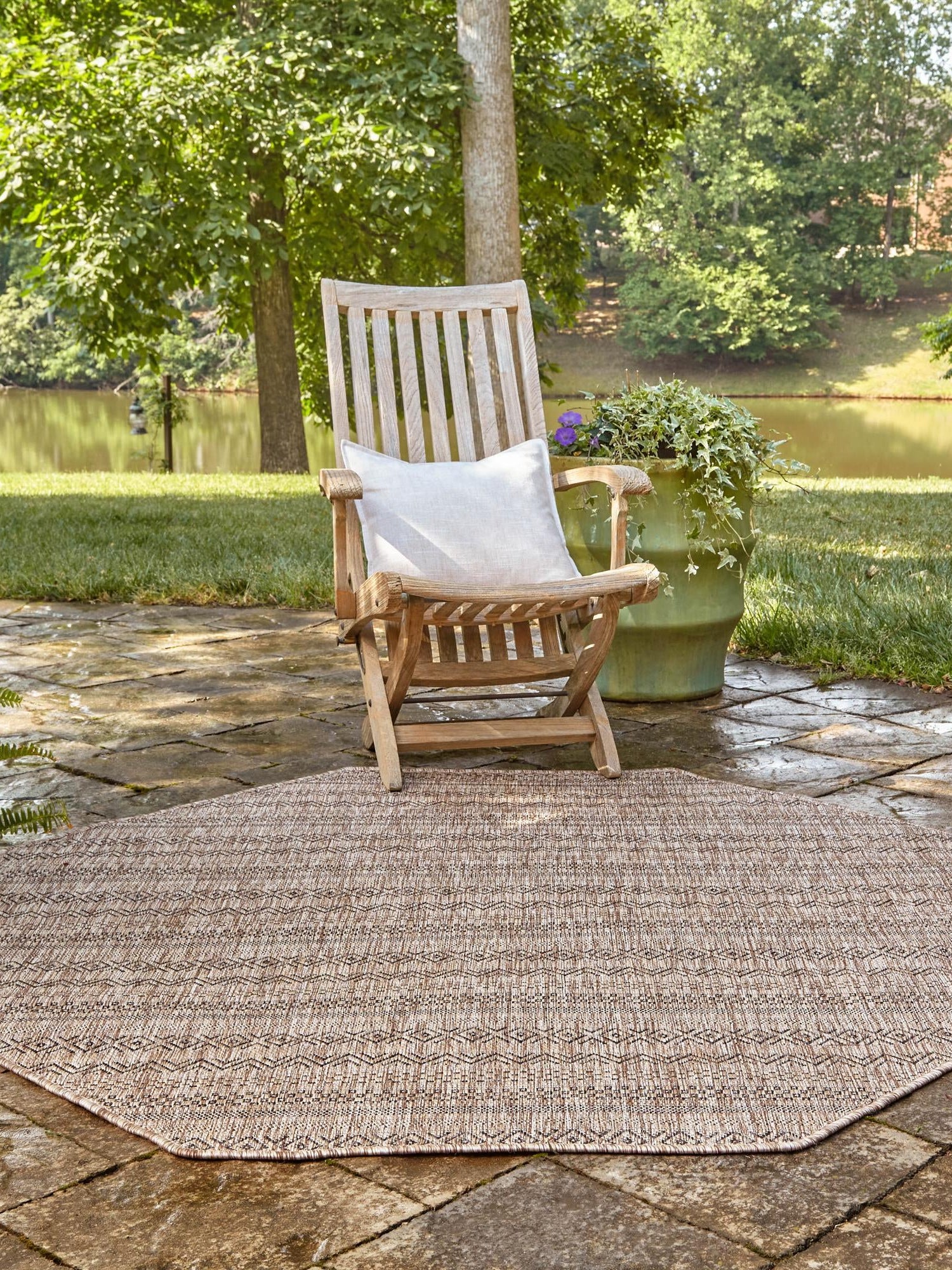 Natural 7' 10 x 7' 10 Outdoor Striped Octagon Area Rug Weather Resistant for Patio, Deck, Terrace, Balcony, Porch Geometric Pattern Waterproof Carpet for Sale at Rug Engine