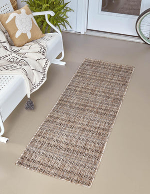 Natural 2' 7 x 12' Outdoor Striped Runner Area Rug Weather Resistant for Patio, Deck, Terrace, Balcony, Porch Geometric Pattern Waterproof Carpet for Sale at Rug Engine