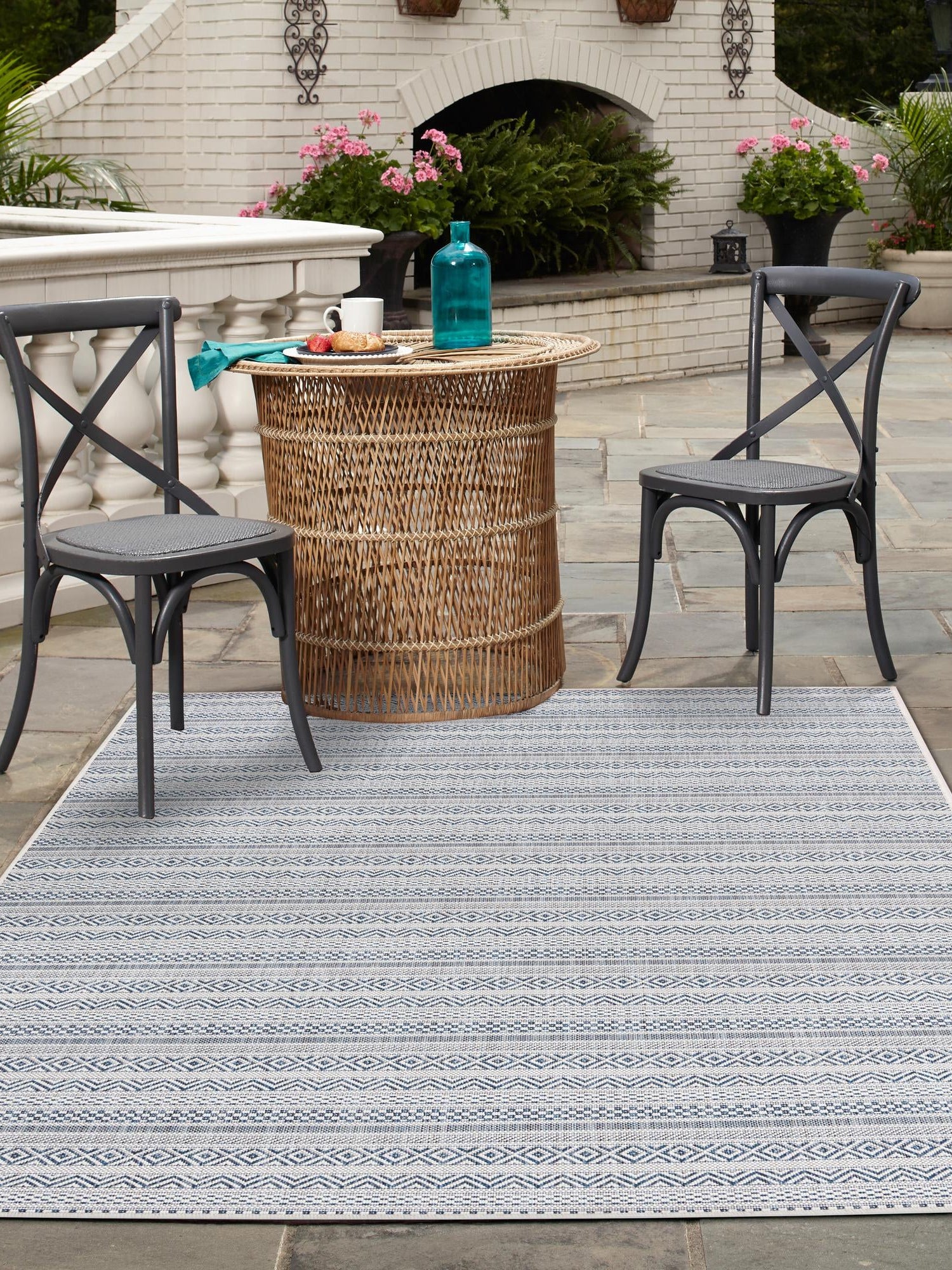 Light Blue 6' 1 x 9' Outdoor Striped Rectangle Area Rug Weather Resistant for Patio, Deck, Terrace, Balcony, Porch Geometric Pattern Waterproof Carpet for Sale at Rug Engine