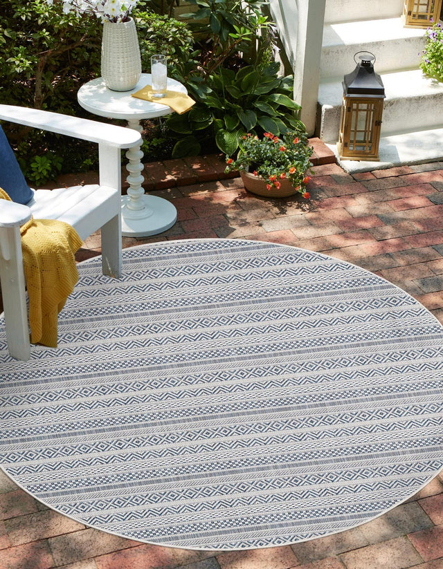 Light Blue 4' 1 x 4' 1 Outdoor Striped Round Area Rug Weather Resistant for Patio, Deck, Terrace, Balcony, Porch Geometric Pattern Waterproof Carpet for Sale at Rug Engine