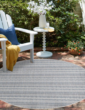 Light Blue 3' 1 x 3' 1 Outdoor Striped Round Area Rug Weather Resistant for Patio, Deck, Terrace, Balcony, Porch Geometric Pattern Waterproof Carpet for Sale at Rug Engine