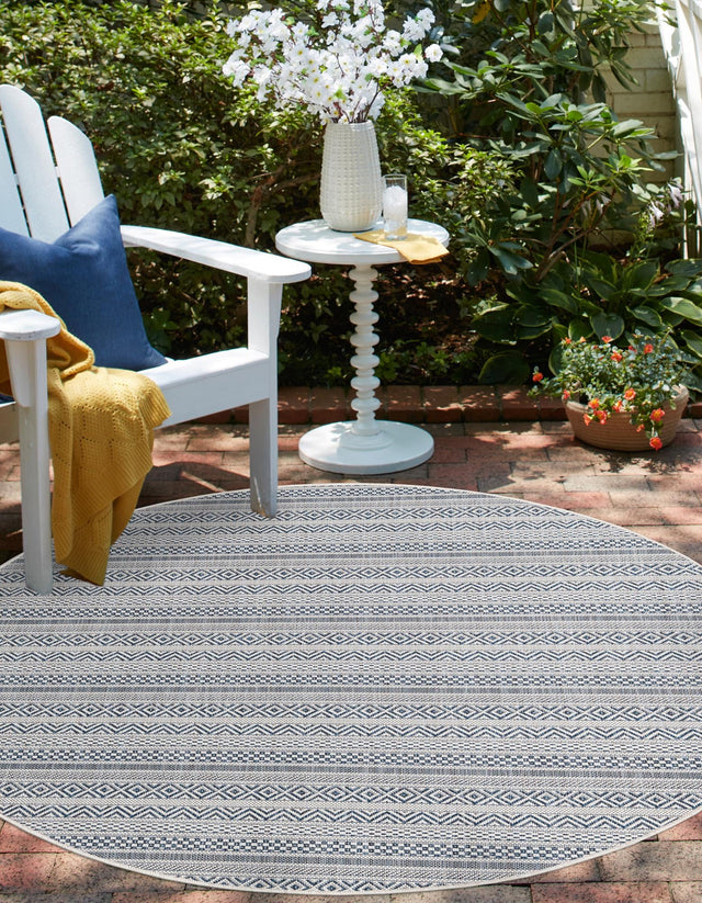 Light Blue 3' 1 x 3' 1 Outdoor Striped Round Area Rug Weather Resistant for Patio, Deck, Terrace, Balcony, Porch Geometric Pattern Waterproof Carpet for Sale at Rug Engine