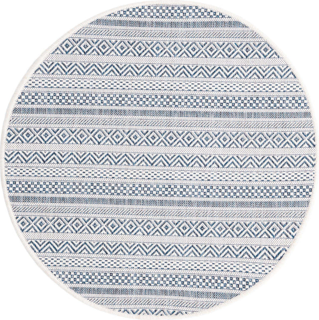 Light Blue 3' 1 x 3' 1 Outdoor Striped Round Area Rug Weather Resistant for Patio, Deck, Terrace, Balcony, Porch Geometric Pattern Waterproof Carpet for Sale at Rug Engine
