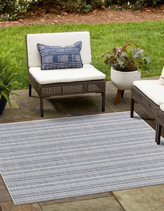 Light Blue 7' 10 x 7' 10 Outdoor Striped Square Area Rug Weather Resistant for Patio, Deck, Terrace, Balcony, Porch Geometric Pattern Waterproof Carpet for Sale at Rug Engine