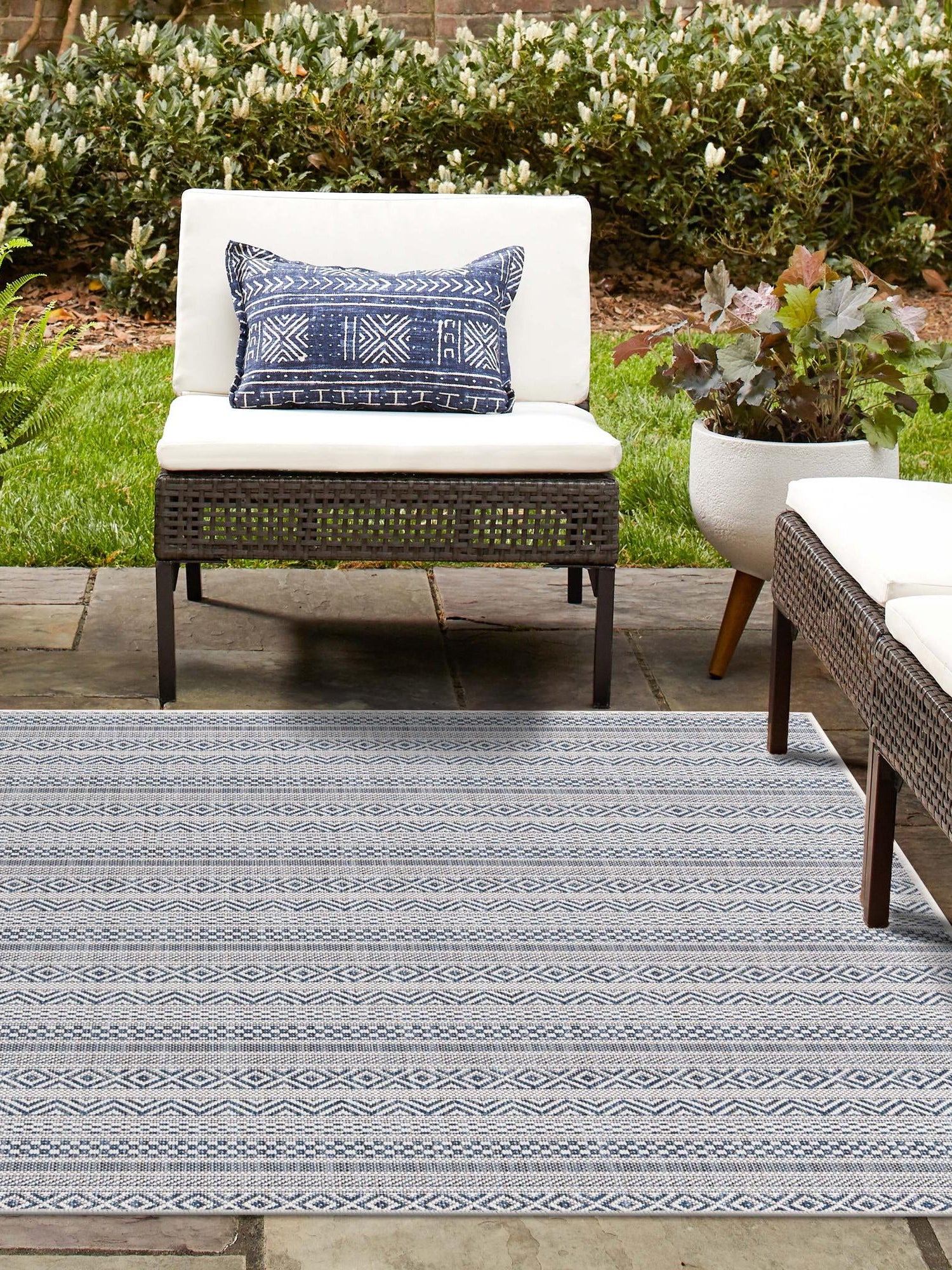 Light Blue 7' 10 x 7' 10 Outdoor Striped Square Area Rug Weather Resistant for Patio, Deck, Terrace, Balcony, Porch Geometric Pattern Waterproof Carpet for Sale at Rug Engine