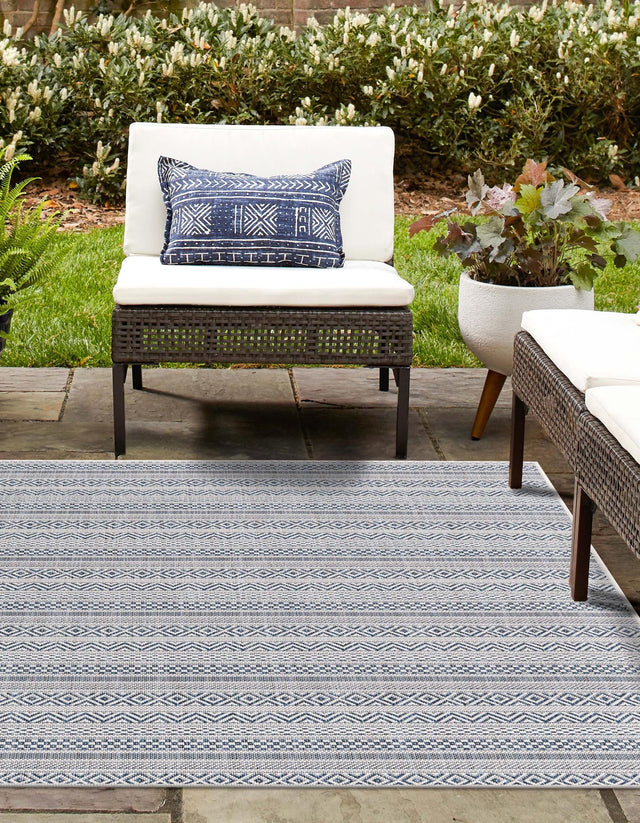 Light Blue 7' 10 x 7' 10 Outdoor Striped Square Area Rug Weather Resistant for Patio, Deck, Terrace, Balcony, Porch Geometric Pattern Waterproof Carpet for Sale at Rug Engine