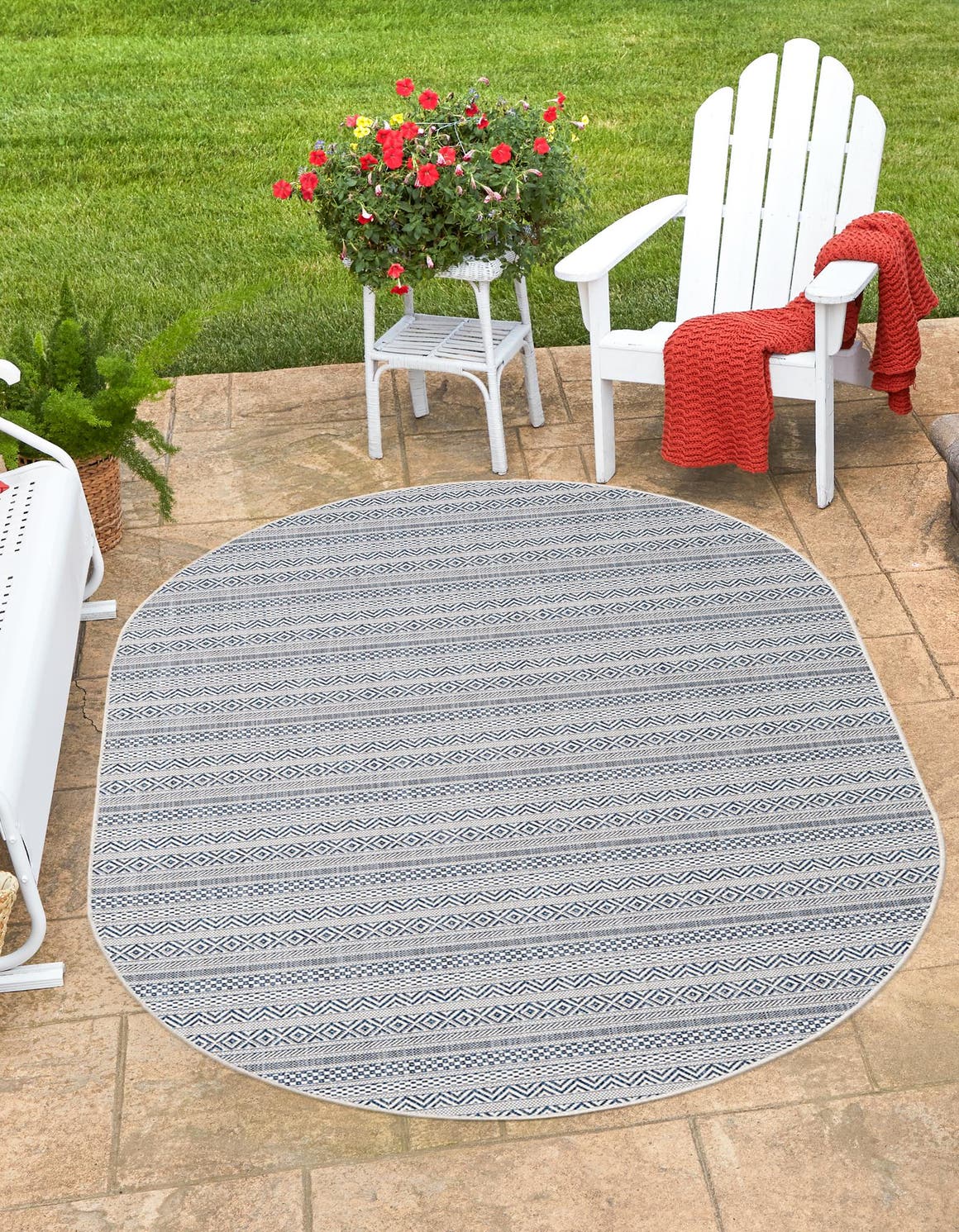 Light Blue 7' 10 x 10' Outdoor Striped Oval Area Rug Weather Resistant for Patio, Deck, Terrace, Balcony, Porch Geometric Pattern Waterproof Carpet for Sale at Rug Engine