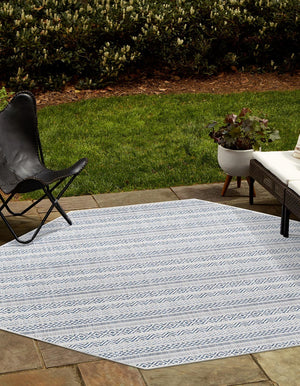 Light Blue 7' 10 x 7' 10 Outdoor Striped Octagon Area Rug Weather Resistant for Patio, Deck, Terrace, Balcony, Porch Geometric Pattern Waterproof Carpet for Sale at Rug Engine