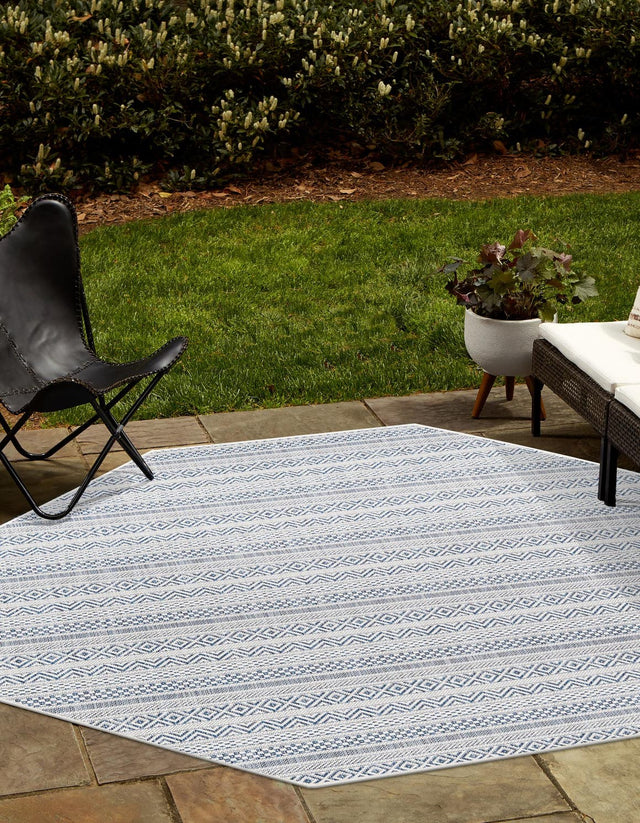 Light Blue 7' 10 x 7' 10 Outdoor Striped Octagon Area Rug Weather Resistant for Patio, Deck, Terrace, Balcony, Porch Geometric Pattern Waterproof Carpet for Sale at Rug Engine