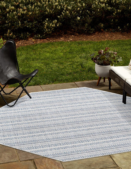 Light Blue 5' 3 x 5' 3 Outdoor Striped Octagon Area Rug Weather Resistant for Patio, Deck, Terrace, Balcony, Porch Geometric Pattern Waterproof Carpet for Sale at Rug Engine