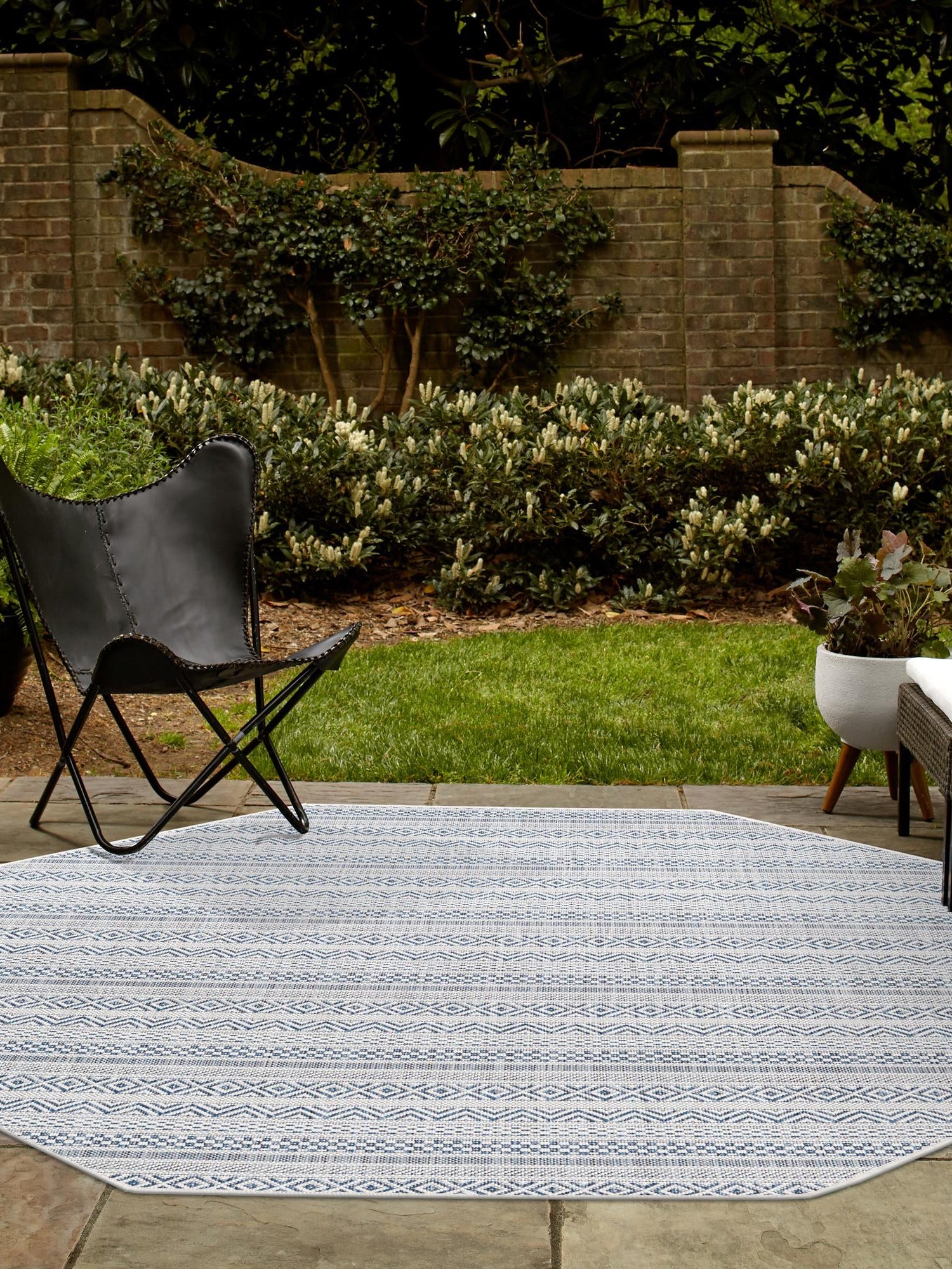 Light Blue 5' 3 x 5' 3 Outdoor Striped Octagon Area Rug Weather Resistant for Patio, Deck, Terrace, Balcony, Porch Geometric Pattern Waterproof Carpet for Sale at Rug Engine