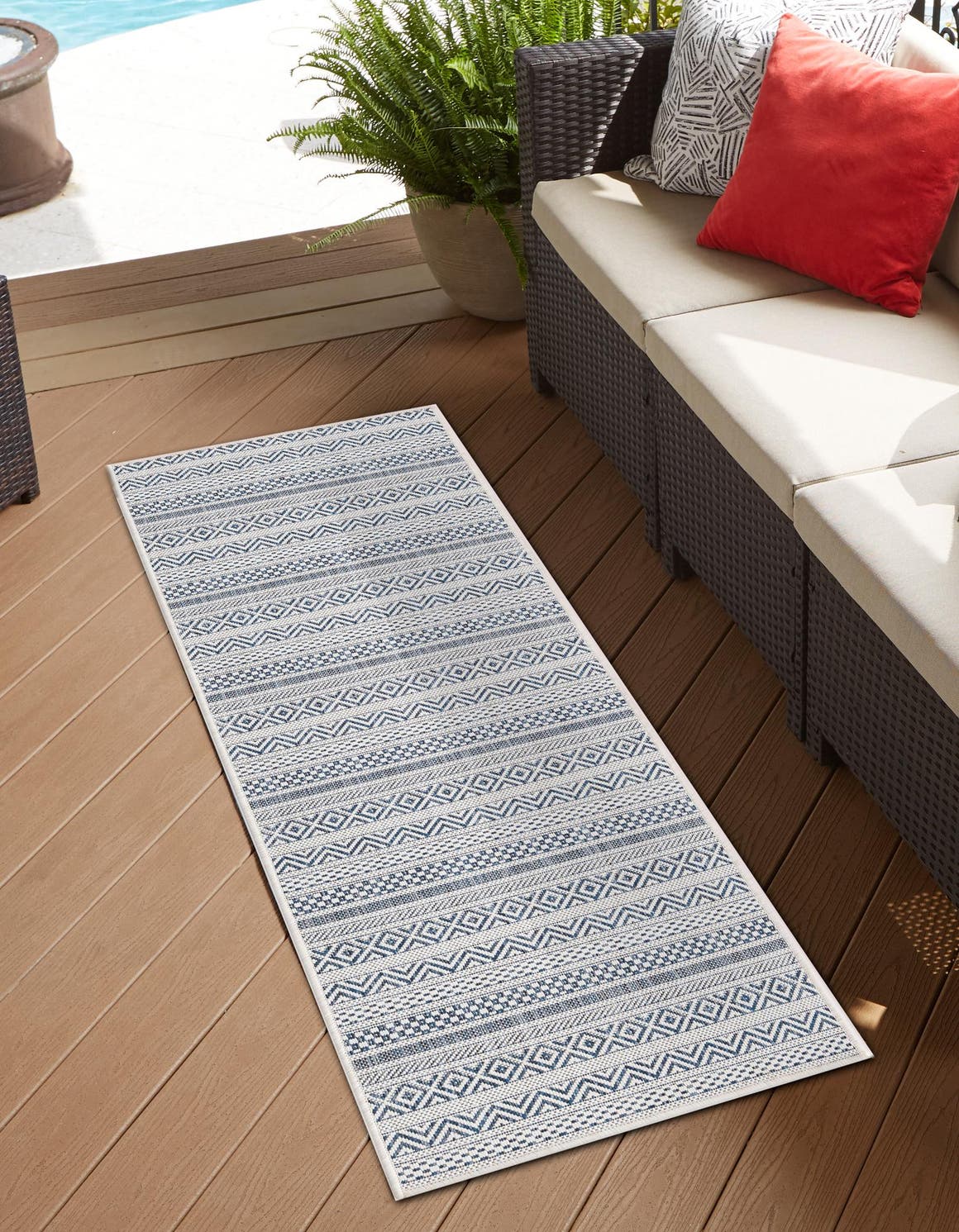 Light Blue 2' x 8' Outdoor Striped Runner Area Rug Weather Resistant for Patio, Deck, Terrace, Balcony, Porch Geometric Pattern Waterproof Carpet for Sale at Rug Engine