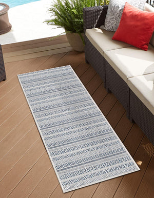 Light Blue 2' x 8' Outdoor Striped Runner Area Rug Weather Resistant for Patio, Deck, Terrace, Balcony, Porch Geometric Pattern Waterproof Carpet for Sale at Rug Engine