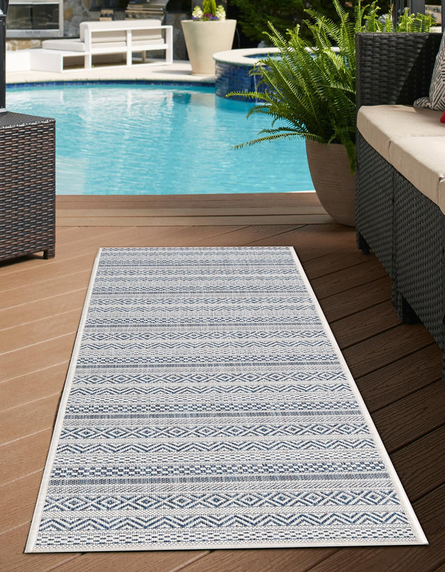 Light Blue 2' 7 x 12' Outdoor Striped Runner Area Rug Weather Resistant for Patio, Deck, Terrace, Balcony, Porch Geometric Pattern Waterproof Carpet for Sale at Rug Engine