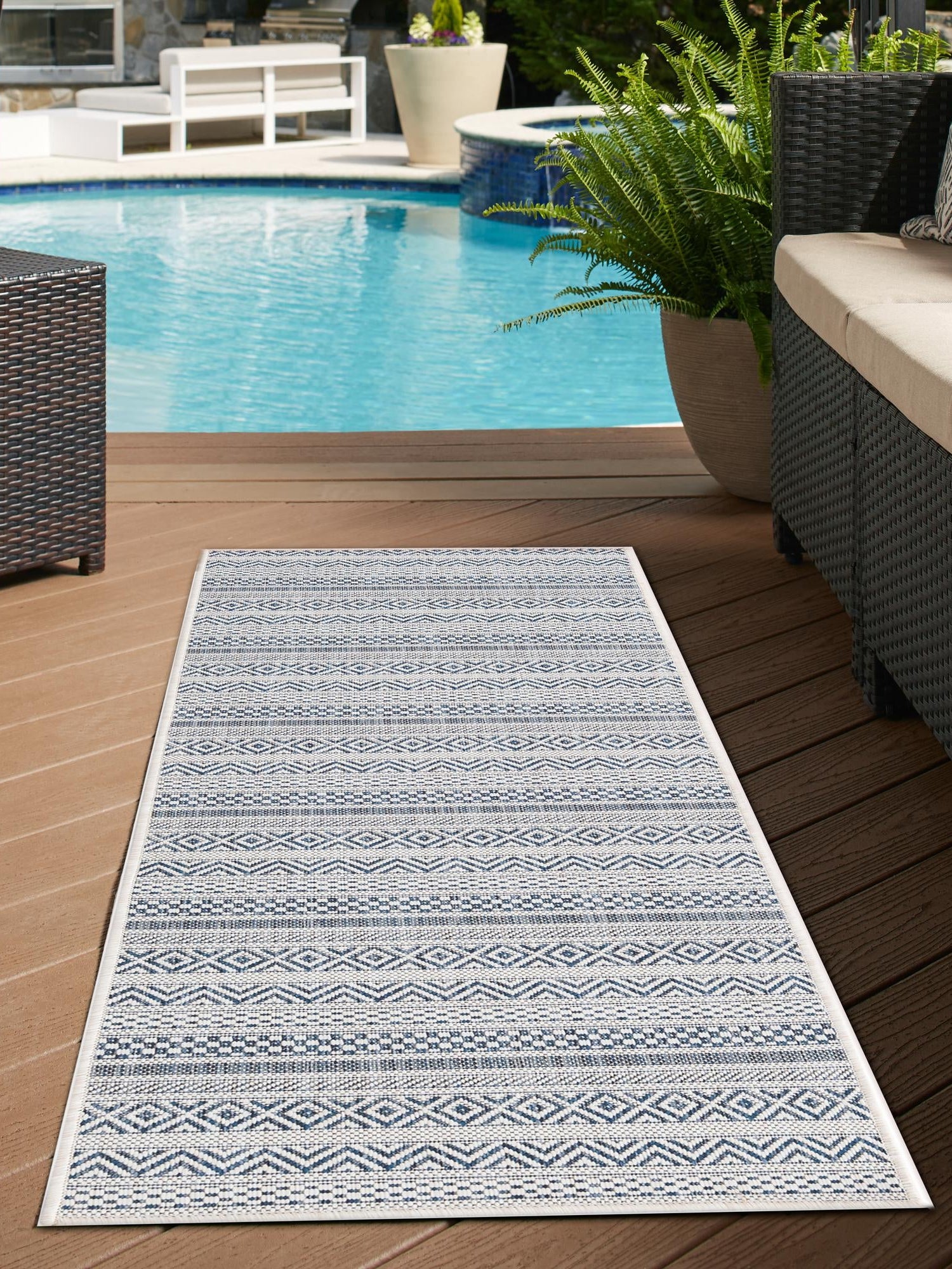Light Blue 2' x 6' 1 Outdoor Striped Runner Area Rug Weather Resistant for Patio, Deck, Terrace, Balcony, Porch Geometric Pattern Waterproof Carpet for Sale at Rug Engine