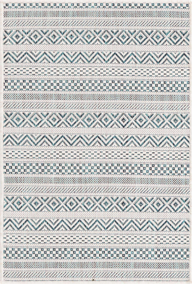 Teal 2' x 3' 1 Outdoor Striped Rectangle Area Rug Weather Resistant for Patio, Deck, Terrace, Balcony, Porch Geometric Pattern Waterproof Carpet for Sale at Rug Engine