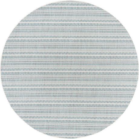 Teal 7' 10 x 7' 10 Outdoor Striped Round Area Rug Weather Resistant for Patio, Deck, Terrace, Balcony, Porch Geometric Pattern Waterproof Carpet for Sale at Rug Engine