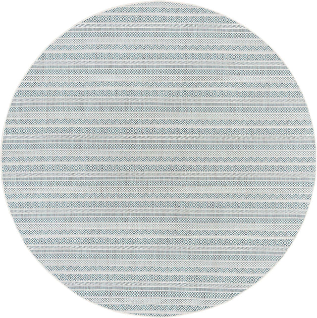 Teal 7' 10 x 7' 10 Outdoor Striped Round Area Rug Weather Resistant for Patio, Deck, Terrace, Balcony, Porch Geometric Pattern Waterproof Carpet for Sale at Rug Engine