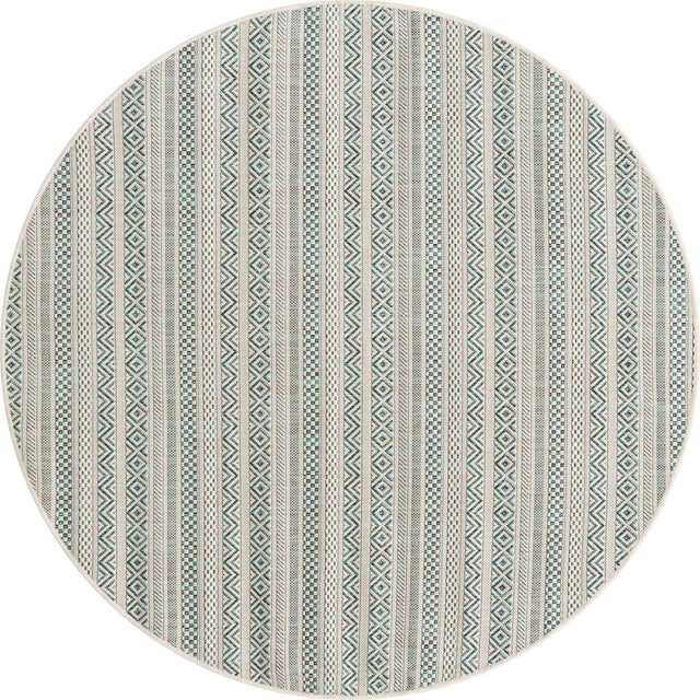 Teal 5' 3 x 5' 3 Outdoor Striped Round Area Rug Weather Resistant for Patio, Deck, Terrace, Balcony, Porch Geometric Pattern Waterproof Carpet for Sale at Rug Engine
