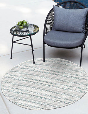 Teal 3' 1 x 3' 1 Outdoor Striped Round Area Rug Weather Resistant for Patio, Deck, Terrace, Balcony, Porch Geometric Pattern Waterproof Carpet for Sale at Rug Engine