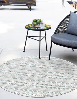 Teal 10' x 10' Outdoor Striped Round Area Rug Weather Resistant for Patio, Deck, Terrace, Balcony, Porch Geometric Pattern Waterproof Carpet for Sale at Rug Engine