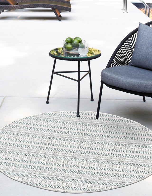 Teal 10' x 10' Outdoor Striped Round Area Rug Weather Resistant for Patio, Deck, Terrace, Balcony, Porch Geometric Pattern Waterproof Carpet for Sale at Rug Engine