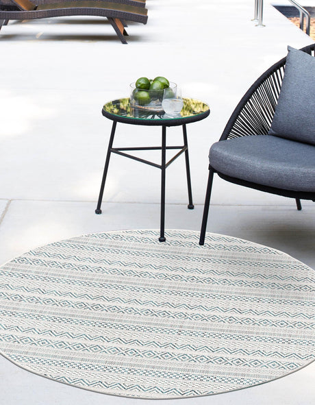 Teal 7' 10 x 7' 10 Outdoor Striped Round Area Rug Weather Resistant for Patio, Deck, Terrace, Balcony, Porch Geometric Pattern Waterproof Carpet for Sale at Rug Engine