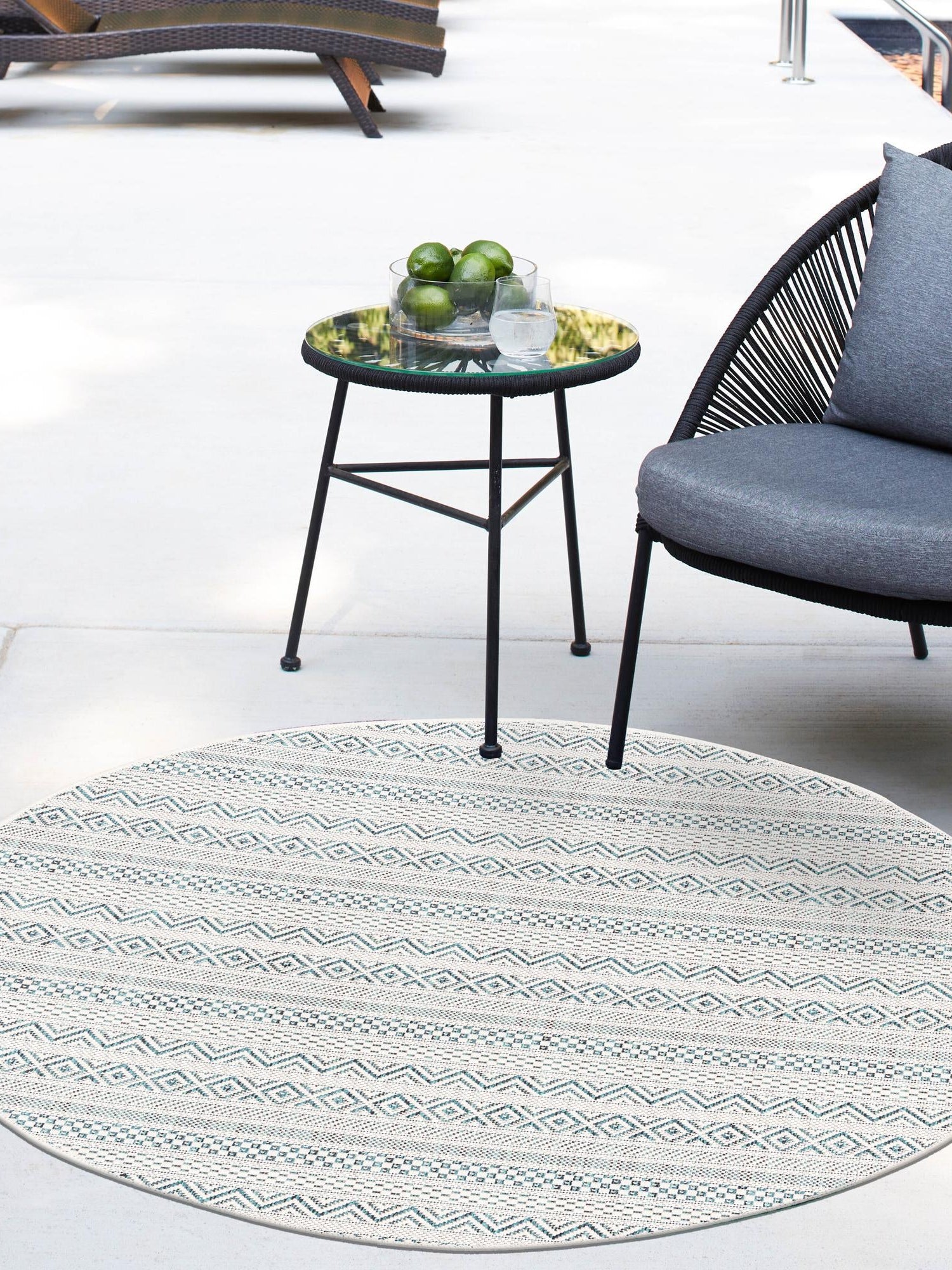 Teal 5' 3 x 5' 3 Outdoor Striped Round Area Rug Weather Resistant for Patio, Deck, Terrace, Balcony, Porch Geometric Pattern Waterproof Carpet for Sale at Rug Engine